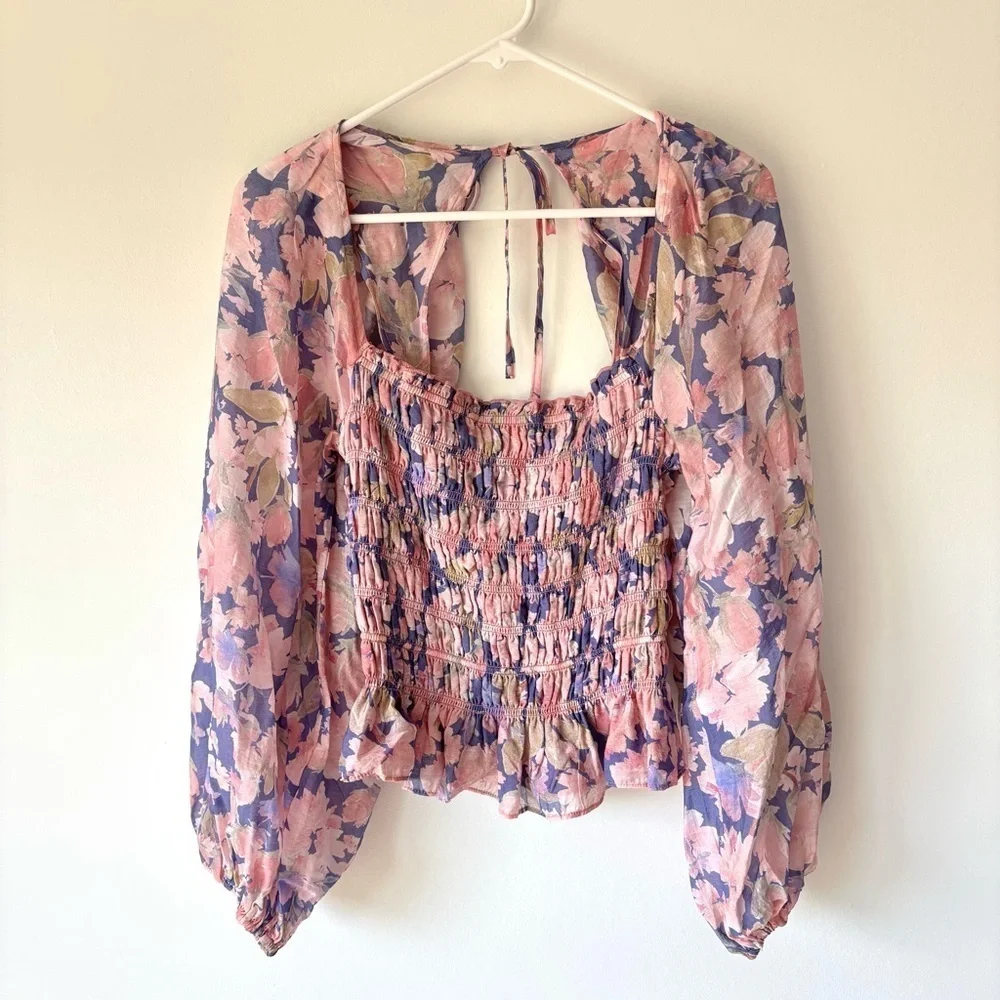 ASTR The Label Nicolette Square Neck Smocked Long Puff Sleeve Floral Pink Purple